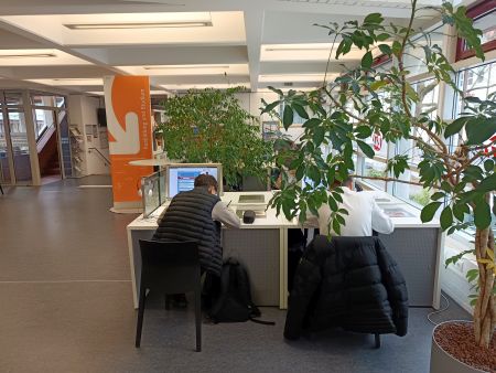 SchülerInnen informieren sich über digitale Wege über die Möglichkeiten des Berufslebens an einem Schreibtisch mit PCs.
